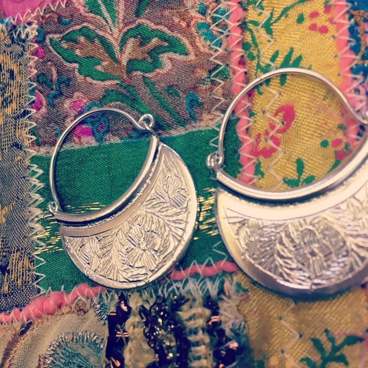 Crescent Moon || Silver Etched Earrings || Tribal || Hippie || Ibiza ||boho