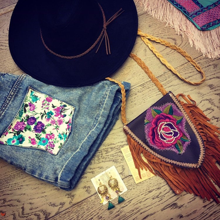 Bohemian Rose || Leather Bag|| 100% Sustainably Created || Gypsy Fringe || Love || Hippie || Spirit || Boho || Babe || Festival