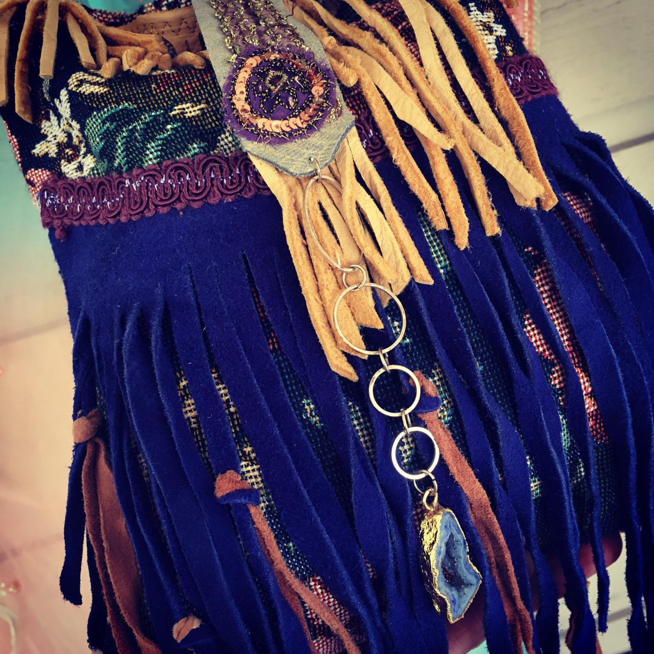 Beautiful Bohemian Bag || Handcrafted || Fringy Leather || 100% Sustainable || One•of•a•kind || Gorgeous Textiles || Gem Stone || Ocean
