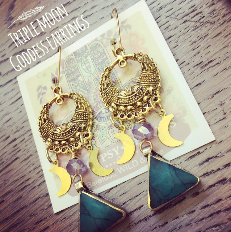 Triple Moon || Triangle Goddess Earrings || Tribal Princess || boho || babe || unique Turquoise || summer Vibez