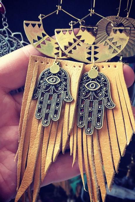 Hamsa Protection Earrings || Love || Yoga girl || Upcycled Leather || unique
