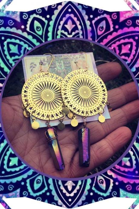 Goddess Of Night Earrings || Mandala || Moon || Gypsy Earrings || Aura Quartz || Rainbow || Quartz Earrings || Brass || boho