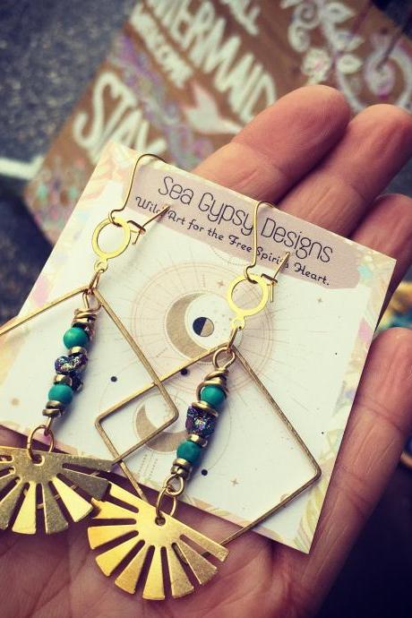 Rising Sun Earrings || Tribal || light weight || Aura quartz beads || good vibes || Local || Lovely || Rock em’ || babe