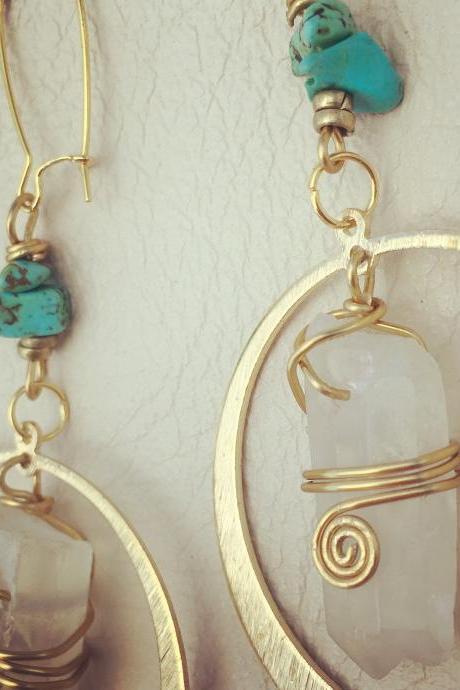Golden Goddess Earrings || Angel Aura Quartz Gem Stone || Gypsy || Spirit || Goddess || Ocean Vibes